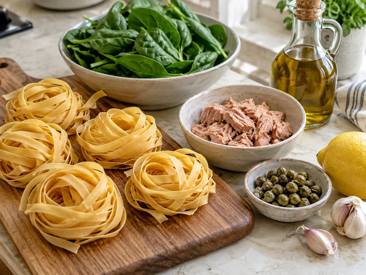 Тальятелле со шпинатом, тунцом и каперсами | Фото подпункта 1 | Viva Cucina Тальятелле со шпинатом, тунцом и каперсами: фото процесса приготовления — отмерьте тальятелле, шпинат, тунца, каперсы, масло, чеснок и лимон