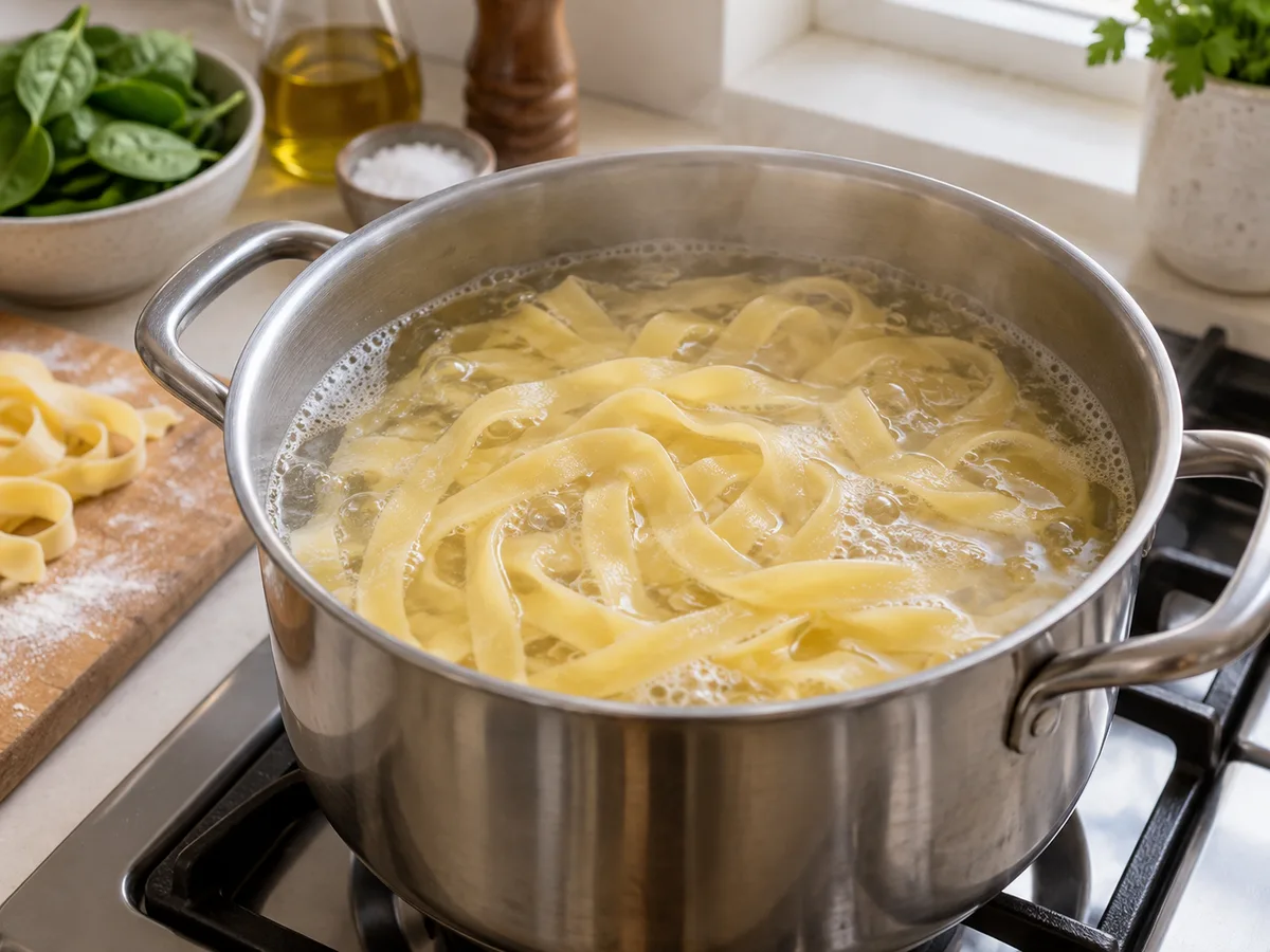 Тальятелле со шпинатом, тунцом и каперсами | Фото подпункта 11 | Viva Cucina Тальятелле со шпинатом, тунцом и каперсами: фото процесса приготовления — сварите тальятелле до al dente по упаковке, аккуратно расправляя ленты