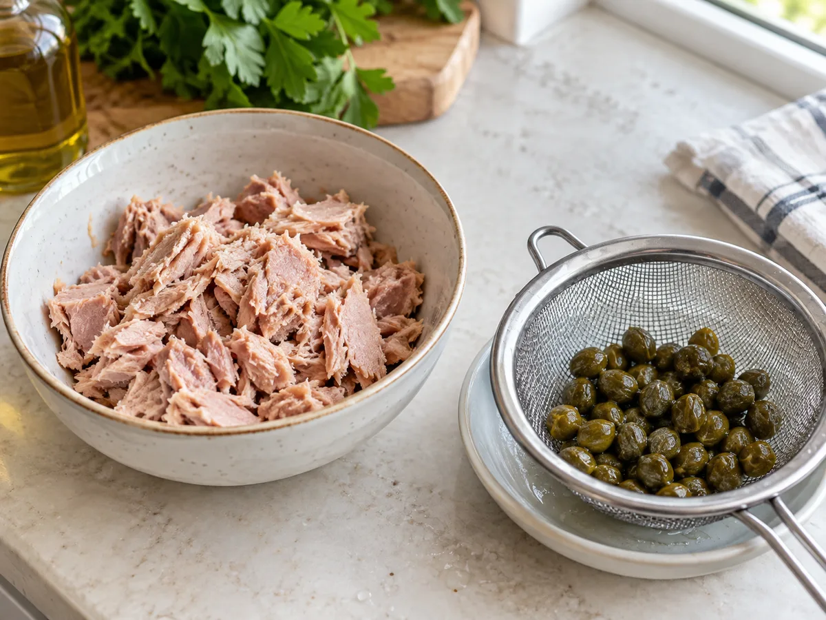 Тальятелле со шпинатом, тунцом и каперсами | Фото подпункта 2 | Viva Cucina Тальятелле со шпинатом, тунцом и каперсами: фото процесса приготовления — слейте жидкость с тунца, разберите его на крупные хлопья; каперсы промойте