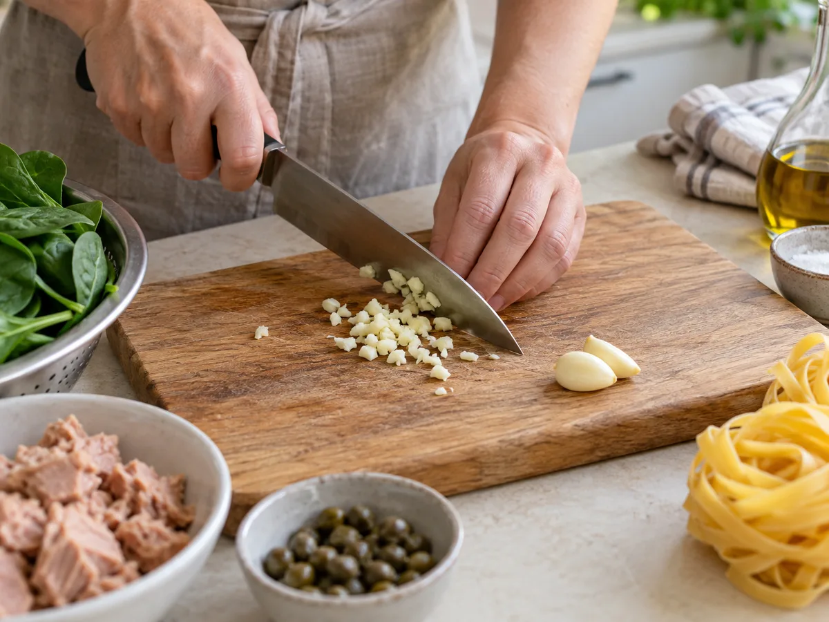 Тальятелле со шпинатом, тунцом и каперсами | Фото подпункта 4 | Viva Cucina Тальятелле со шпинатом, тунцом и каперсами: фото процесса приготовления — очистите и мелко нарежьте чеснок