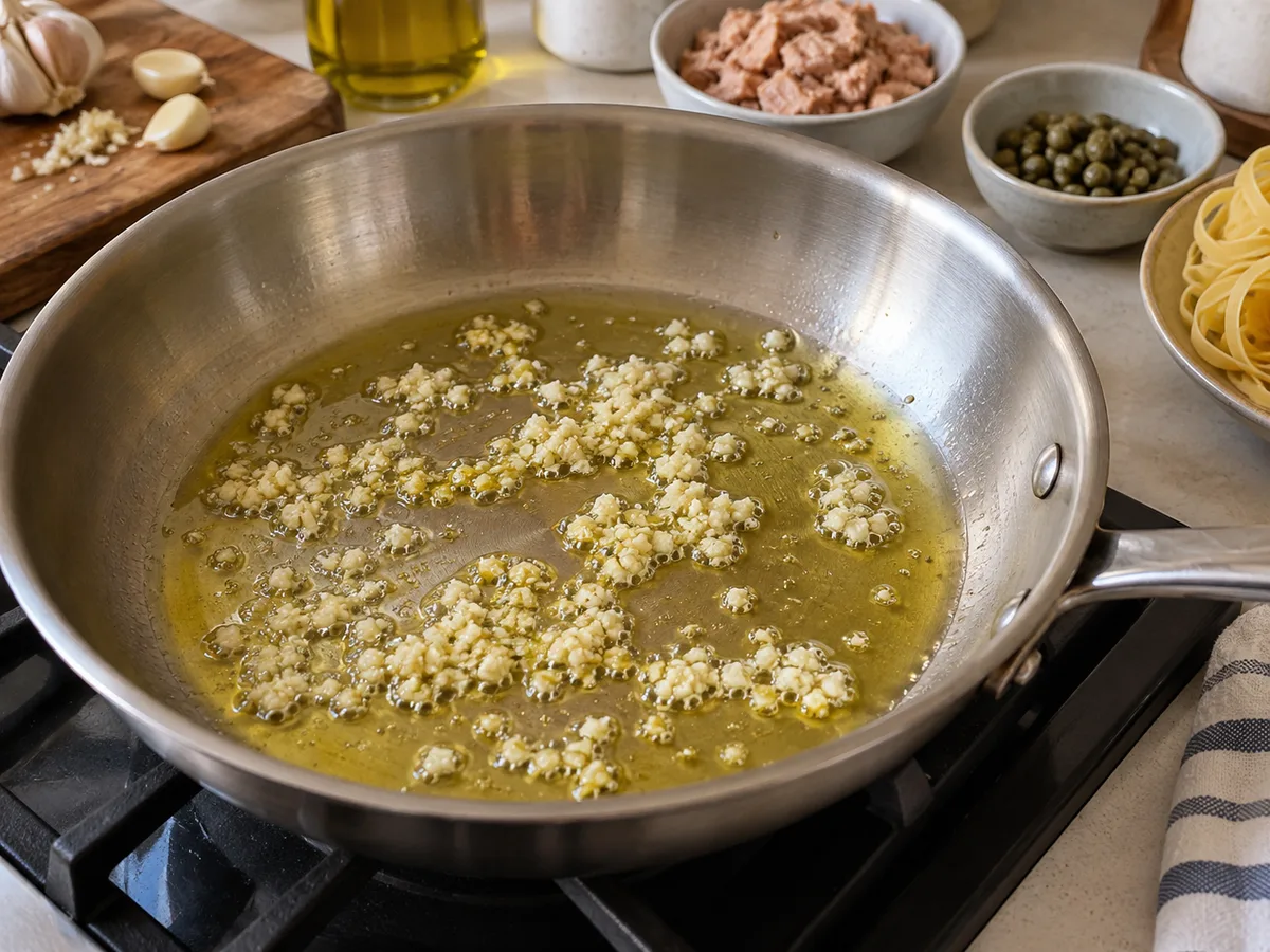 Тальятелле со шпинатом, тунцом и каперсами | Фото подпункта 5 | Viva Cucina Тальятелле со шпинатом, тунцом и каперсами: фото процесса приготовления — нагрейте масло в широкой сковороде; прогрейте чеснок 30 секунд без подрумянивания