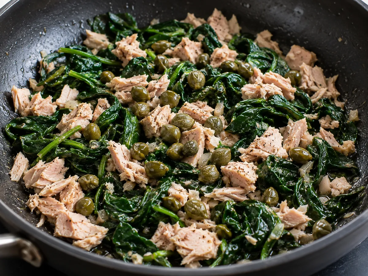 Тальятелле со шпинатом, тунцом и каперсами | Фото подпункта 8 | Viva Cucina Тальятелле со шпинатом, тунцом и каперсами: фото процесса приготовления — вмешайте каперсы и чёрный перец; соль пока добавляйте осторожно