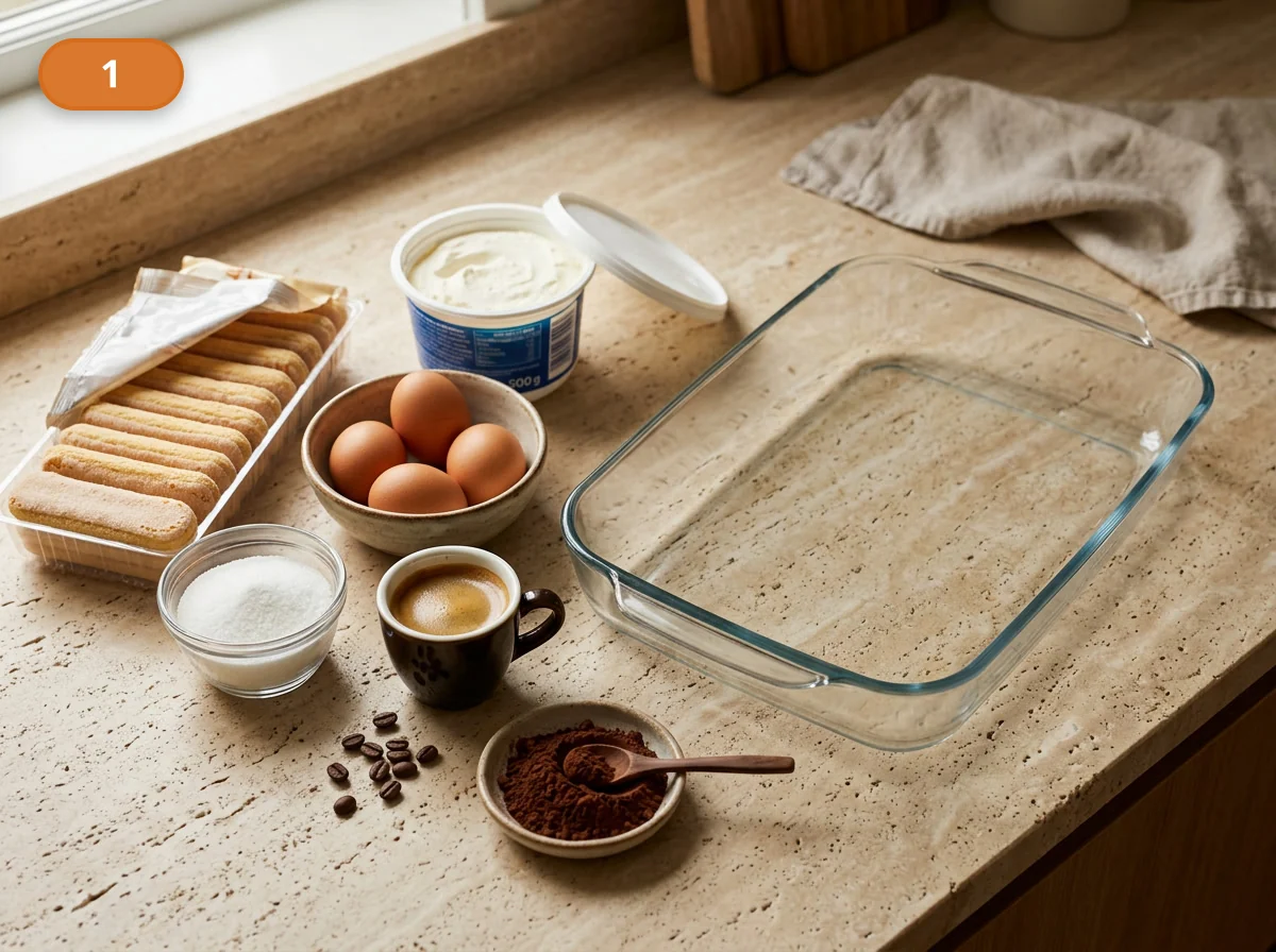 Тирамису | Фото подпункта 1 | Viva Cucina Тирамису: фото процесса приготовления — разложите рядом савоярди, маскарпоне, яйца, сахар, охлаждённый эспрессо, какао и прямоугольную форму для сборки