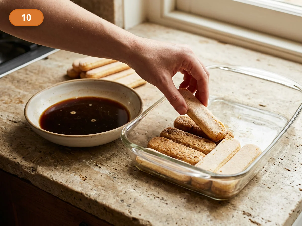 Тирамису | Фото подпункта 10 | Viva Cucina Тирамису: фото процесса приготовления — быстро окунайте савоярди в холодный кофе и сразу выкладывайте первый плотный слой в прямоугольную форму