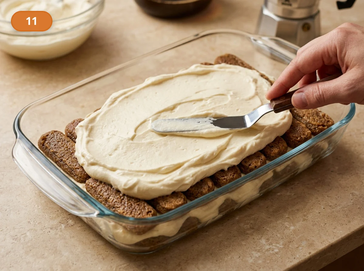 Тирамису | Фото подпункта 11 | Viva Cucina Тирамису: фото процесса приготовления — покройте печенье ровным слоем крема, распределяя его лопаткой до спокойной гладкой поверхности