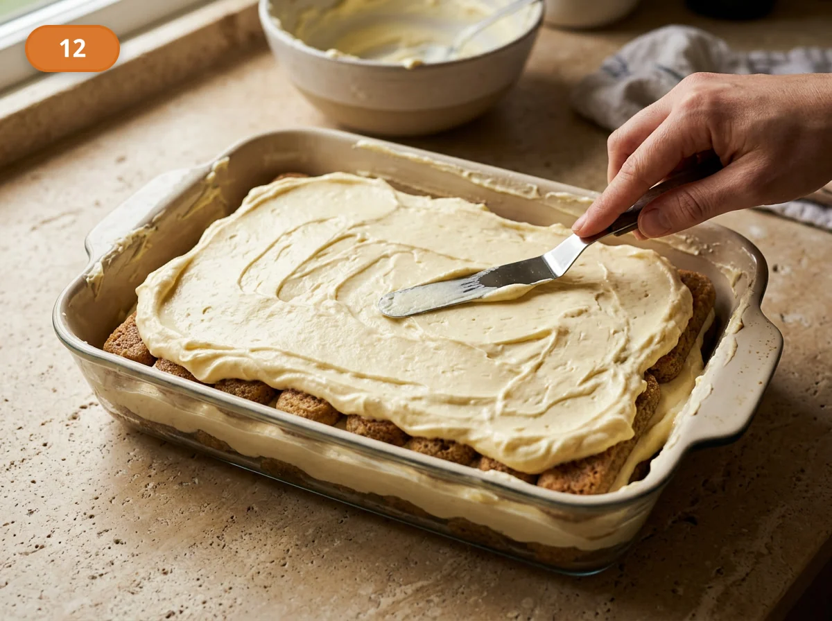 Тирамису | Фото подпункта 12 | Viva Cucina Тирамису: фото процесса приготовления — повторите второй слой савоярди и завершите тирамису финальным верхним слоем крема, выравнивая поверхность