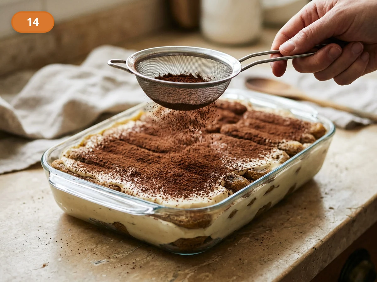 Тирамису | Фото подпункта 14 | Viva Cucina Тирамису: фото процесса приготовления — перед подачей щедро посыпьте верх десерта какао через мелкое сито, создавая ровный бархатистый слой