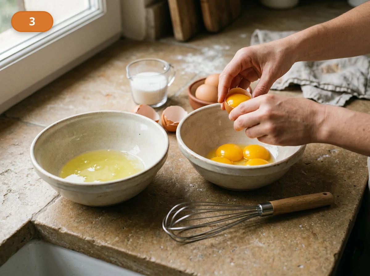 Тирамису | Фото подпункта 3 | Viva Cucina Тирамису: фото процесса приготовления — аккуратно отделите желтки от белков и держите обе части готовы к работе рядом с мисками и венчиком