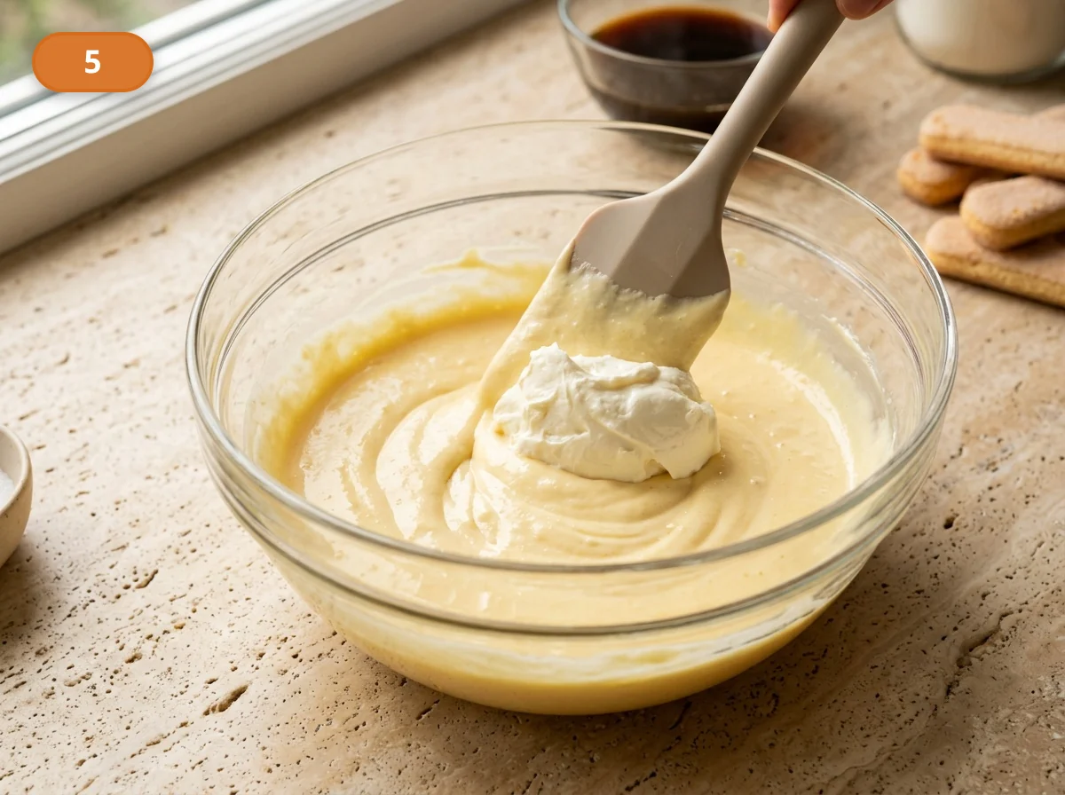 Тирамису | Фото подпункта 5 | Viva Cucina Тирамису: фото процесса приготовления — вмешайте маскарпоне в желтковую основу, пока крем не станет однородным, густым и шелковистым