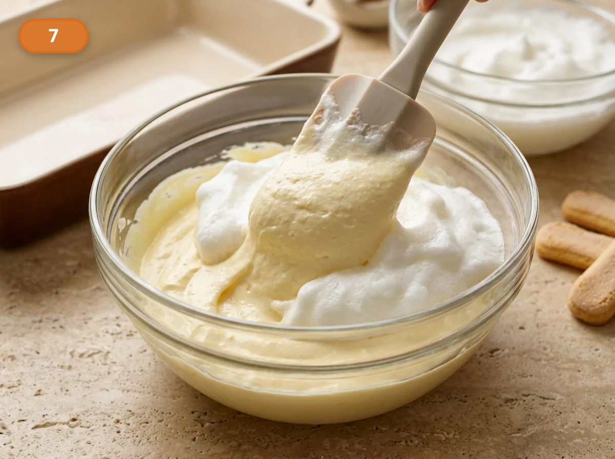 Тирамису | Фото подпункта 7 | Viva Cucina Тирамису: фото процесса приготовления — аккуратно вмешайте первую часть белков в маскарпоне-крем, слегка ослабляя плотную основу
