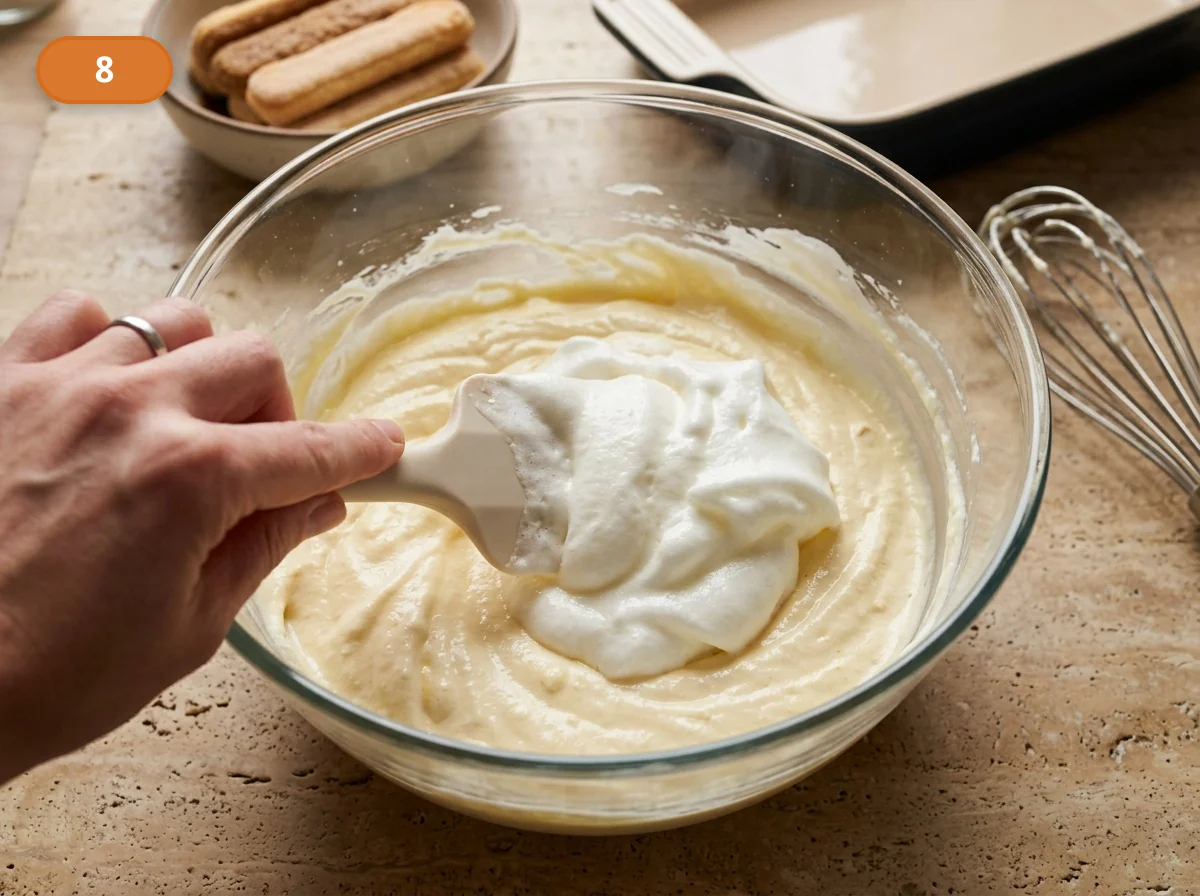 Тирамису | Фото подпункта 8 | Viva Cucina Тирамису: фото процесса приготовления — добавьте оставшиеся белки и поднимайте массу снизу вверх, пока крем не станет воздушным и ровным