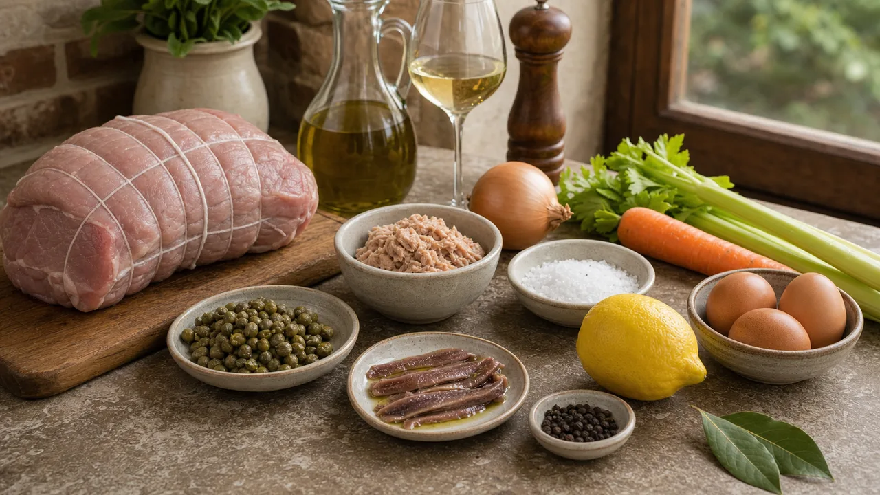 Вителло тоннато | Фото подпункта 1 | Viva Cucina Вителло тоннато: фото процесса приготовления — разложите телятину, тунец в оливковом масле, яйца, каперсы, анчоусы, лимон, сельдерей, морковь, лук, лавровый лист, белое вино, оливковое масло, соль и черный перец