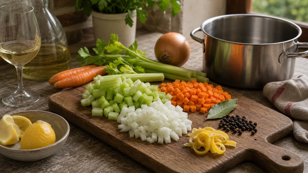 Вителло тоннато | Фото подпункта 3 | Viva Cucina Вителло тоннато: фото процесса приготовления — подготовьте сельдерей, морковь, лук, лавровый лист, перец и немного лимонной цедры для ароматного бульона