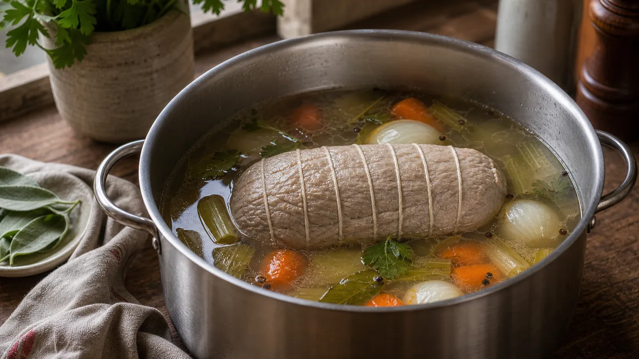 Вителло тоннато | Фото подпункта 6 | Viva Cucina Вителло тоннато: фото процесса приготовления — оставьте готовую телятину остывать прямо в бульоне, чтобы она не пересохла