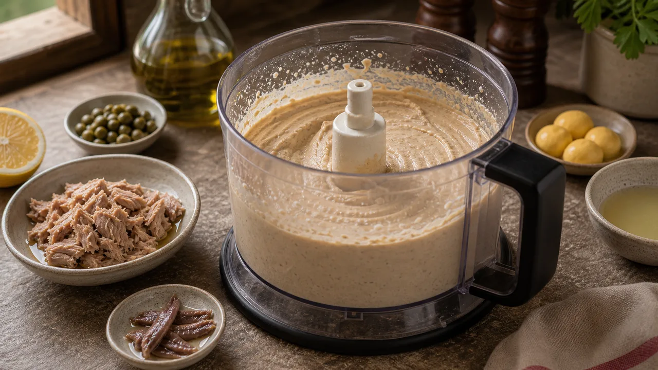 Вителло тоннато | Фото подпункта 8 | Viva Cucina Вителло тоннато: фото процесса приготовления — пробейте ингредиенты в измельчителе до гладкого светлого соуса
