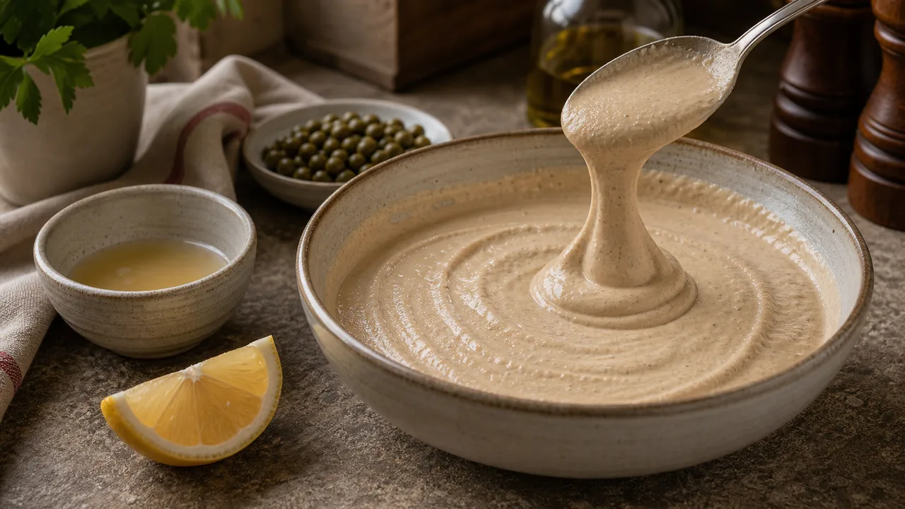 Вителло тоннато | Фото подпункта 9 | Viva Cucina Вителло тоннато: фото процесса приготовления — отрегулируйте густоту бульоном и лимоном, чтобы соус стекал с ложки мягкой лентой