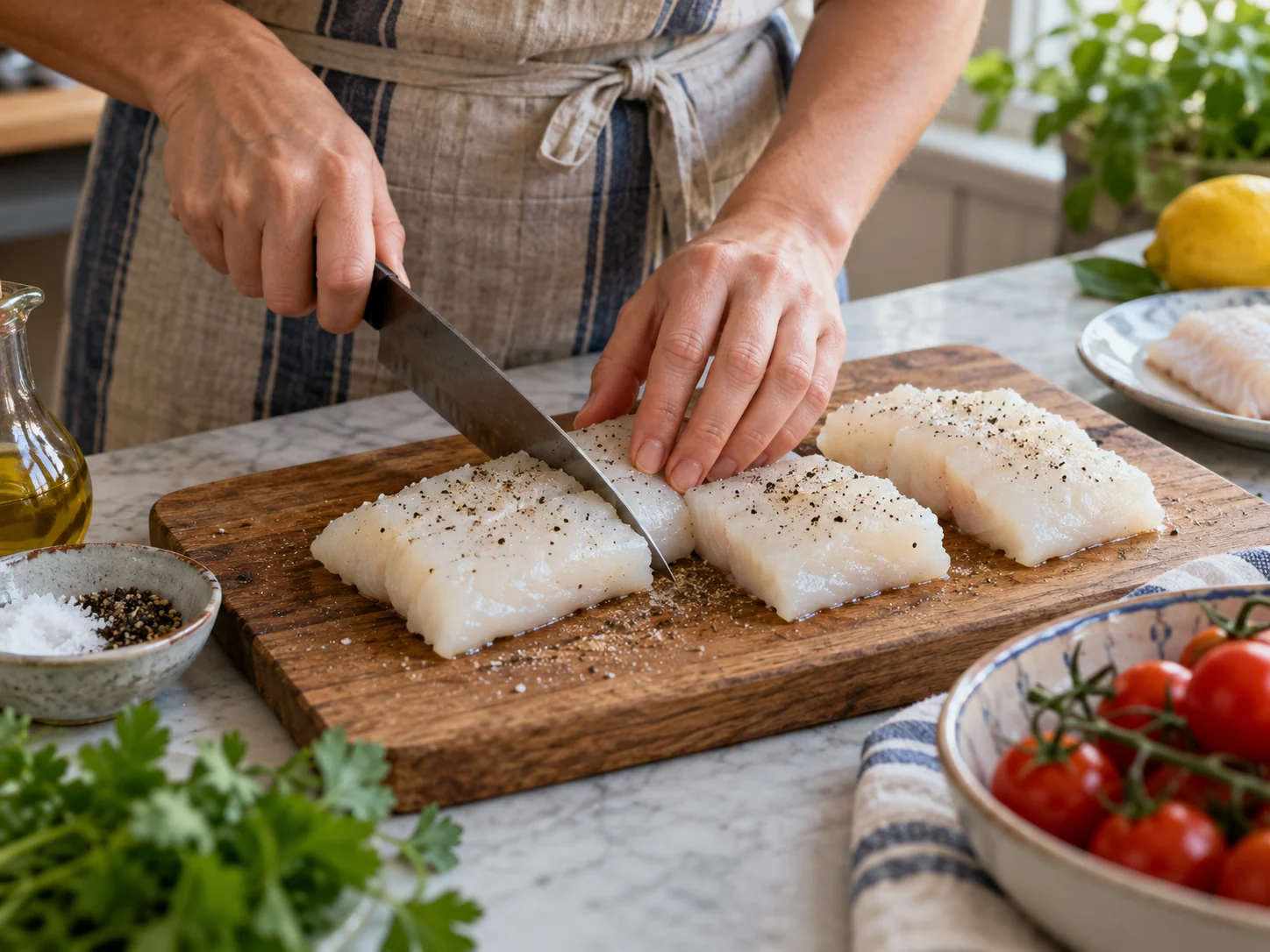Запечённая треска с томатами | Фото подпункта 3 | Viva Cucina Запечённая треска с томатами: фото процесса приготовления — нарежьте, отмерьте и подготовьте ингредиенты для первого активного этапа, чтобы дальше работать без пауз