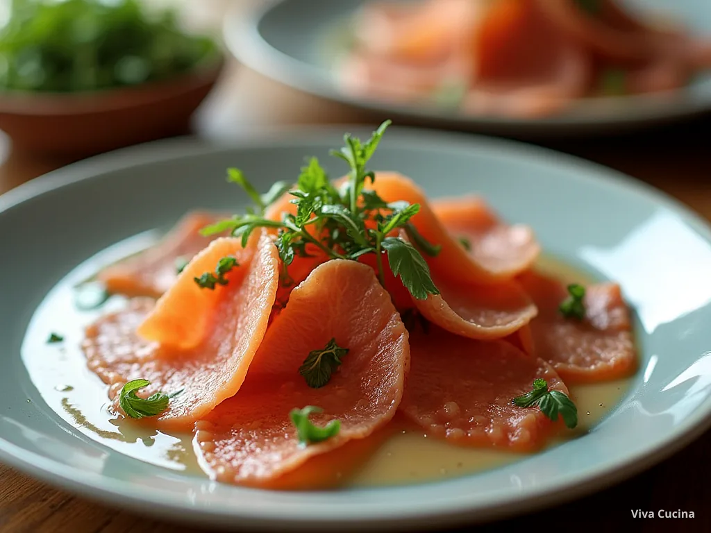 Карпаччо из лосося — готовое блюдо из категории «Закуски (Антипасти)» на сайте Viva Cucina
