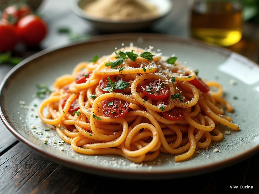 Спагетти с томатом и соусом из запечённых перцев — готовое блюдо из категории «Паста» на сайте Viva Cucina